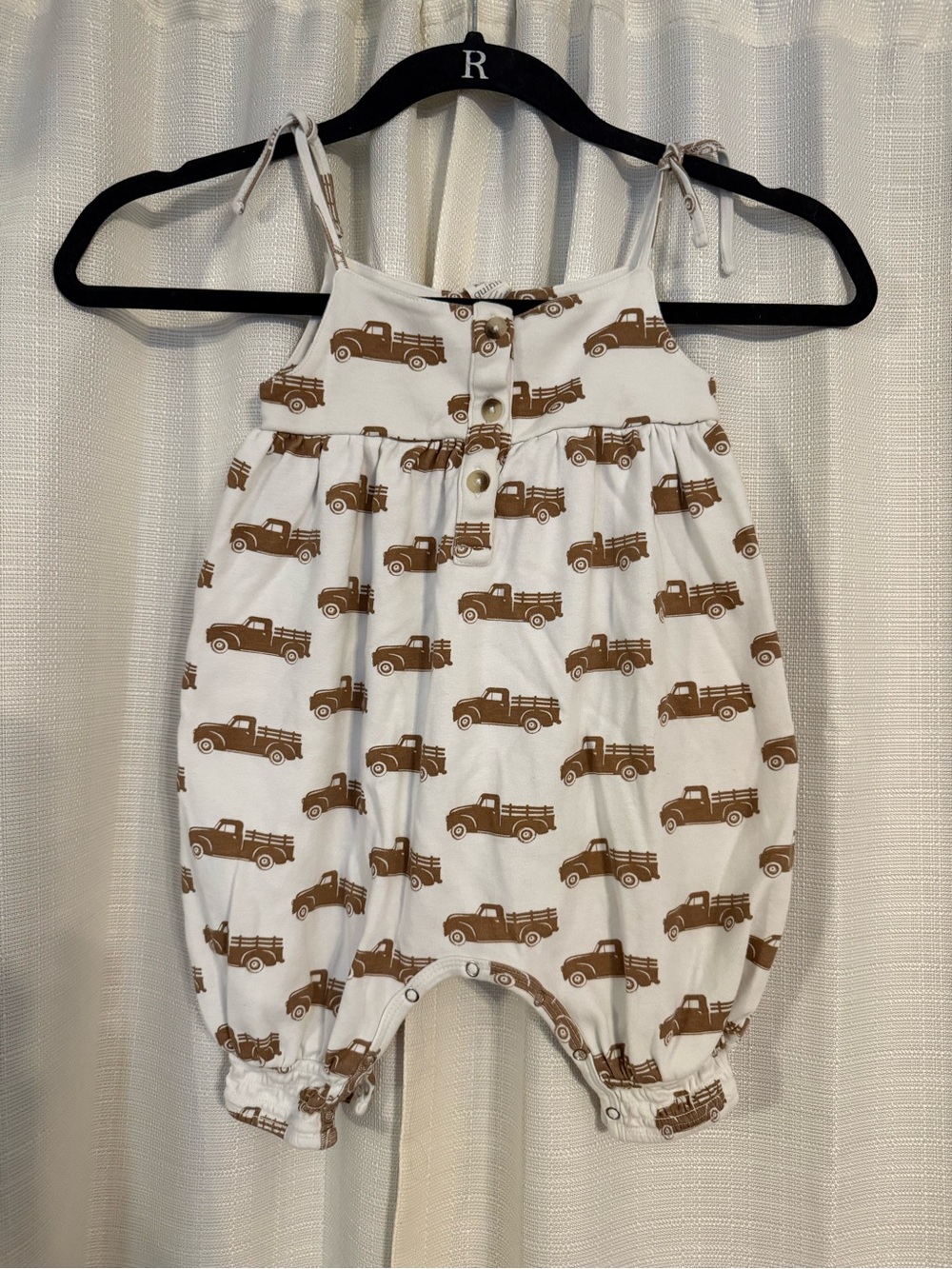 kate quinn bubble Romper with Brown Truck Print
